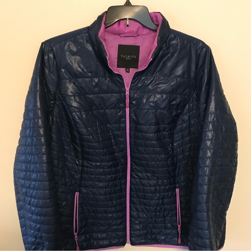 Talbots Women's Quilted Navy Puffer with Light Purple Inside and on Trim